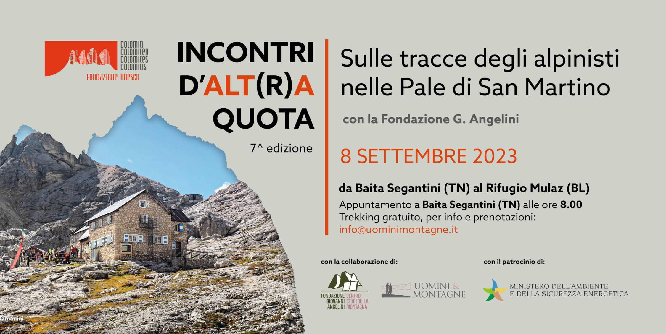8 settembre trekking al Rifugio Mulaz per Incontri d'Alt(r)a Quota